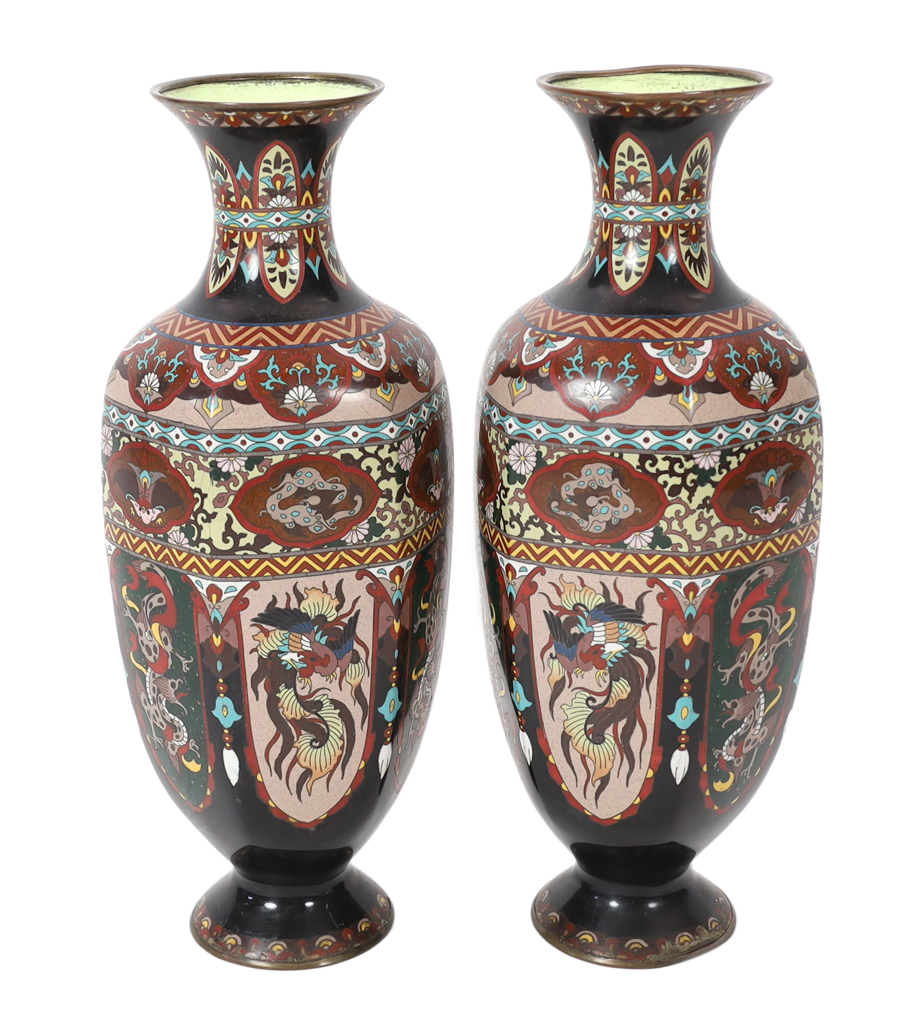 A pair of large Japanese Kyoto cloisonné enamel hexagonal baluster vases, early 20th century, minor damage